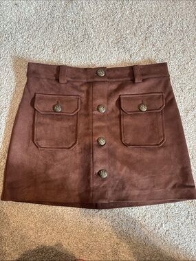 Joie Brown Button-Front Faux Suede Mini Skirt